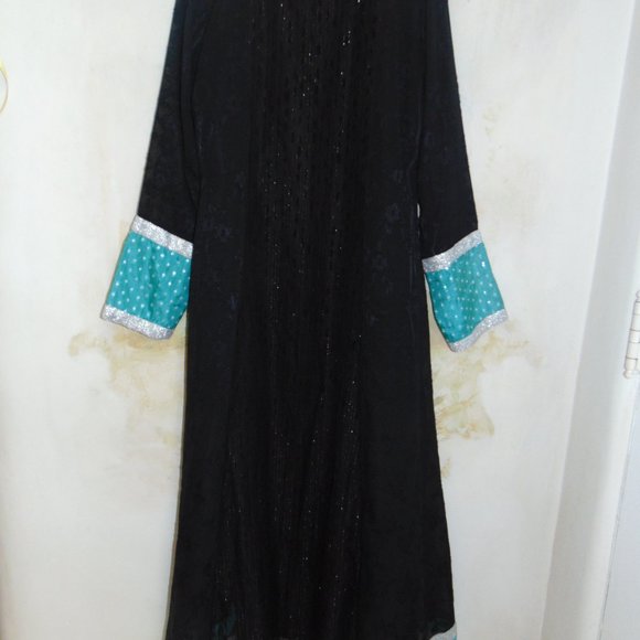 Ashraf Saleem Caftan Dress Long Black Kaftan Silver Embroidery Beads Sz S Hi Low - Picture 12 of 12